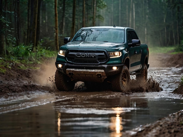 a green ford truck is driving through a muddy puddle