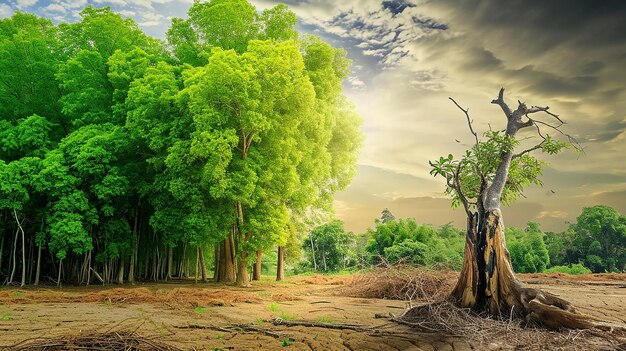 写真 緑の森と乾燥した土地と切り落とされた木