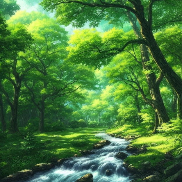 Green forest in anime style Generative AI