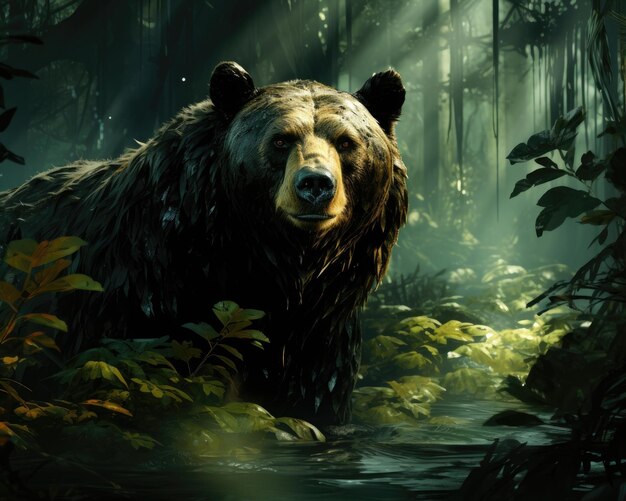 Foto in una foresta verde un orso nero cammina ai generativa