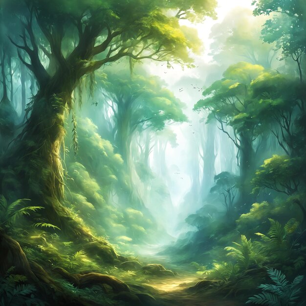 Зеленый лес, наполненный деревьями и папоротниками, создает спокойную и естественную атмосферу. Солнечный свет, проникающий через деревья, бросает пятнистые тени на лесной пол, добавляя глубину сцене.