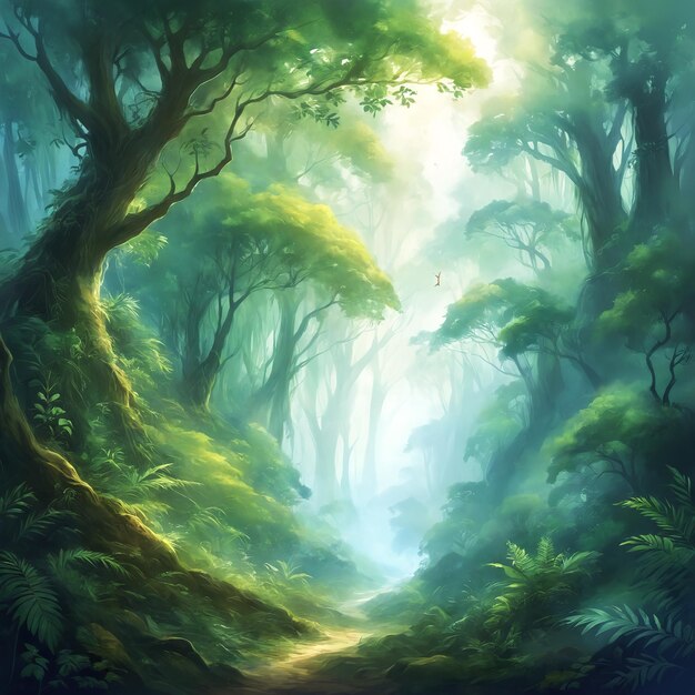 Зеленый лес, наполненный деревьями и папоротниками, подробная листья и ярко-зеленый цвет придают сцене ощущение глубины и жизни.
