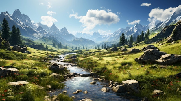 A green forest meadow and mountain landscape