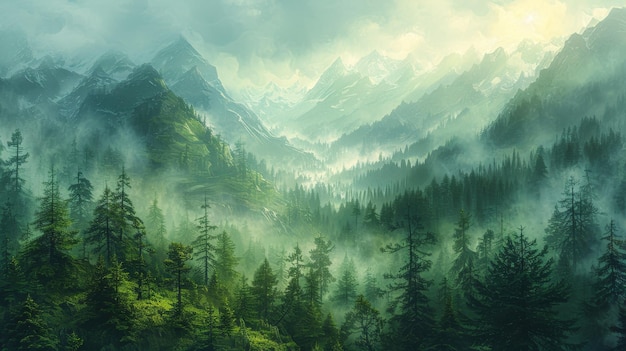 山頂の緑の森の風景 壁紙デザイン