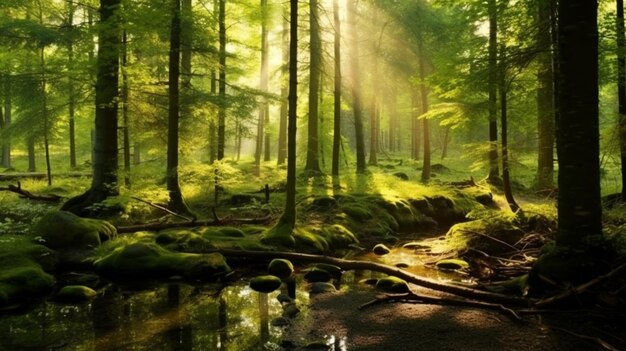 Green forest panorama illuminated by golden sunlight Generative AI