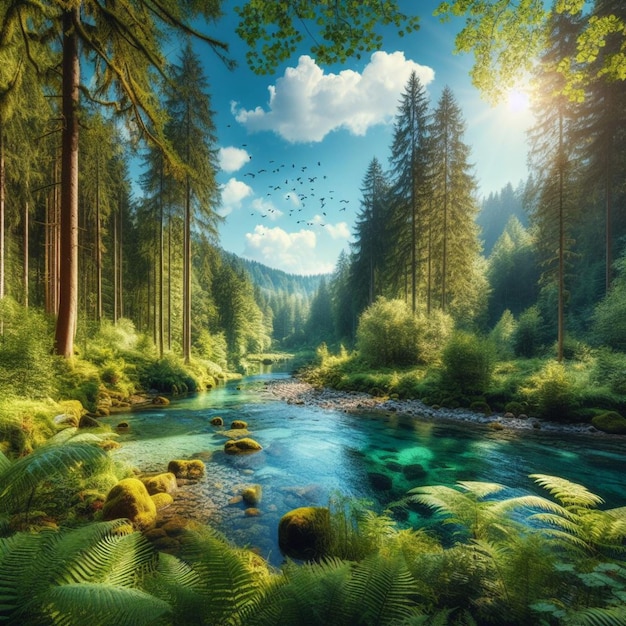 green forest and river landscape