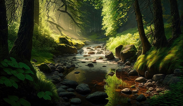 Green forest in sunlight with forest stream Generate Ai