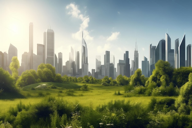 green forest with city on background