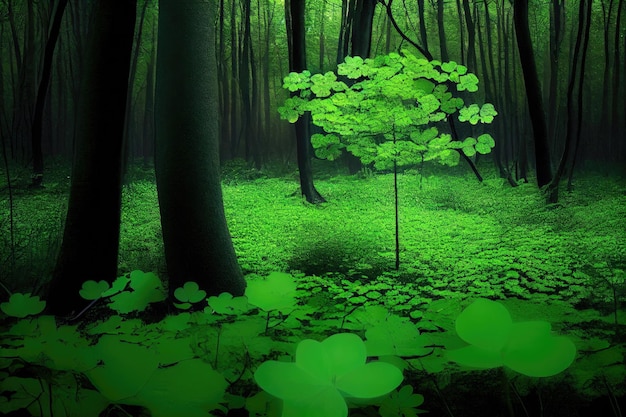 Green forest with large bright fourleaf green clover