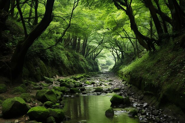 green forest with stream nature background beautiful green landscape