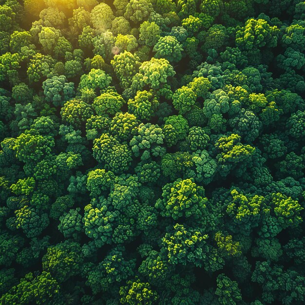 a green forest with a sun shining through the leaves