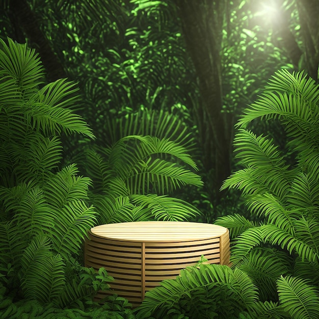 A green forest with a table in the middle of it
