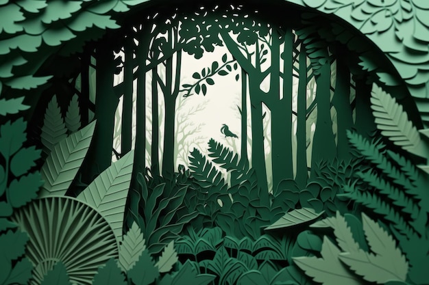 Photo green forest with trees background paper art style