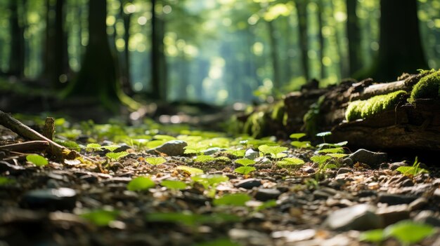 地面に木々や苔がある緑の森