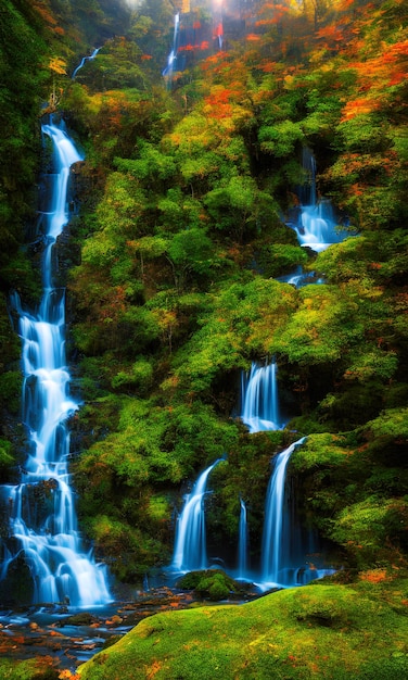 A green forest with a waterfall in the background