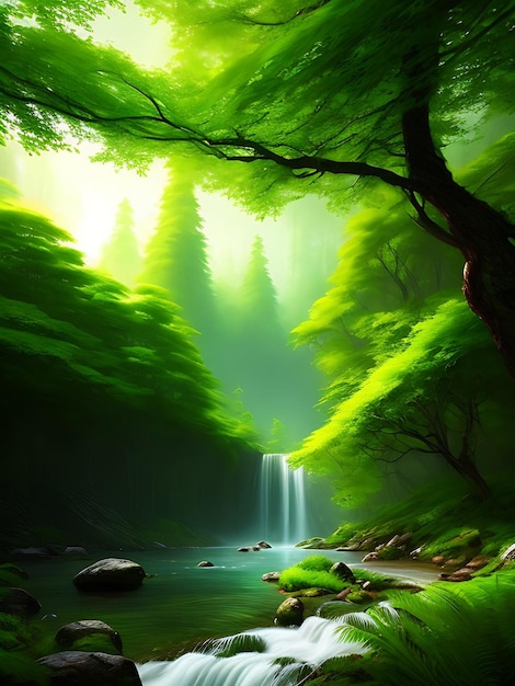 A green forest with a waterfall in the background