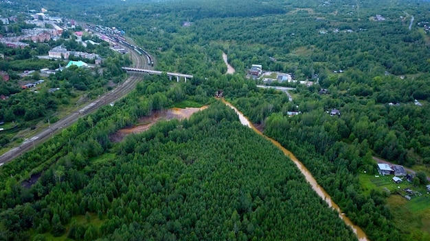 Green forests with a flowing river clip a small town with small houses and a road for cars next to