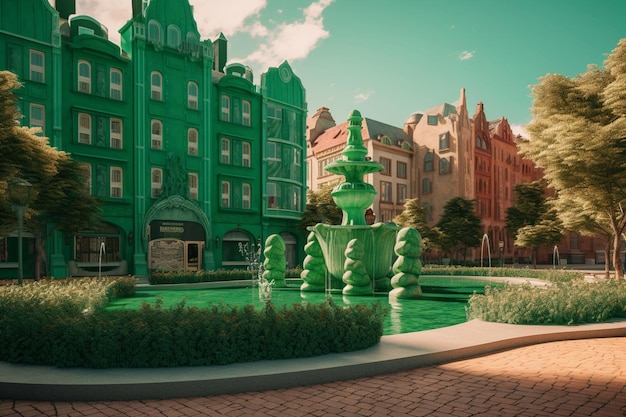 A green fountain in front of a building that says'green water '