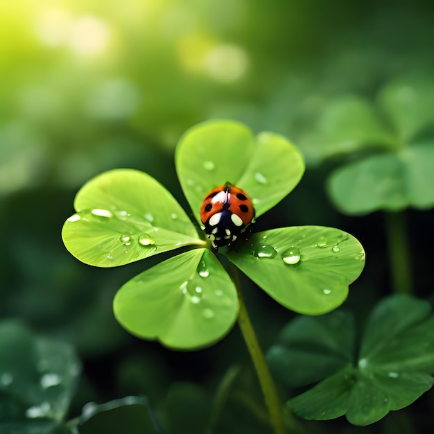 Photo on the green four leaf clover there are water droplets on the leaf