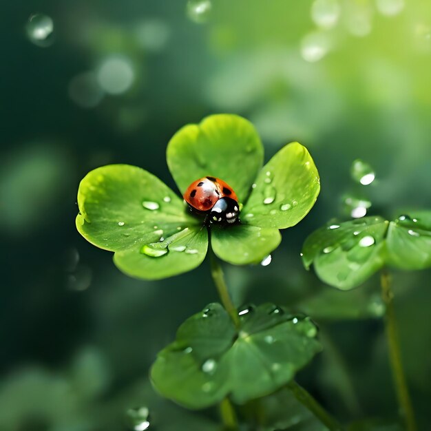 On the green four leaf clover there are water droplets on the leaf