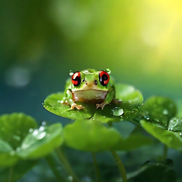 On the green four leaf clover there are water droplets and small frogs on the leaf ai