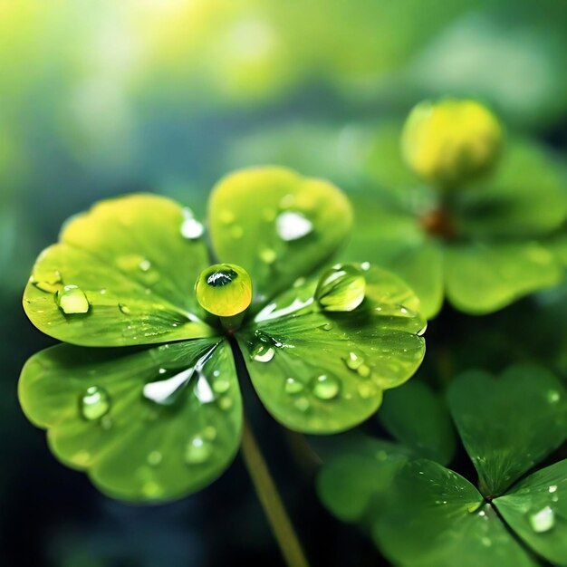 Photo on the green fourleaf clover there are water droplets on the leaves the leaves are wide