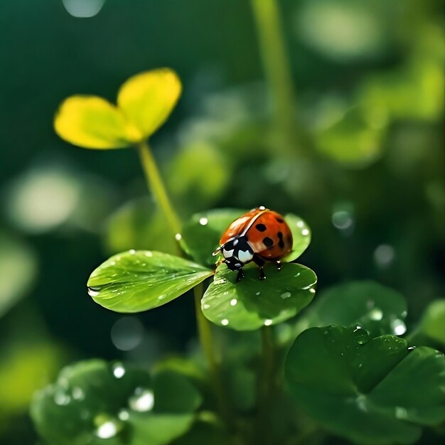 On the green fourleaf clover there are water droplets on the leaves the leaves are wide