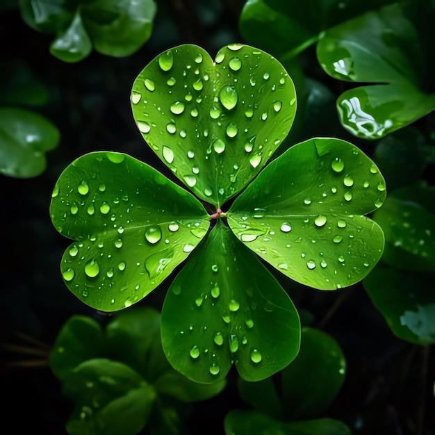 Green fourleaf clover top view small raindrops dew Green fourleaf clover symbol of St Patricks Day