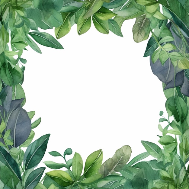 Photo green frame with the leaves and plants painted in watercolor on white background illustration