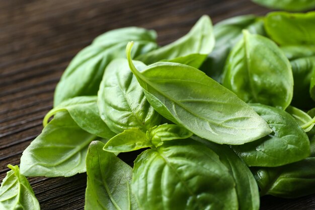 Green fresh basil on table close up