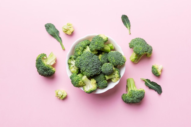 Green fresh broccoli background close up on colored table. Vegetables for diet and healthy eating. Organic food