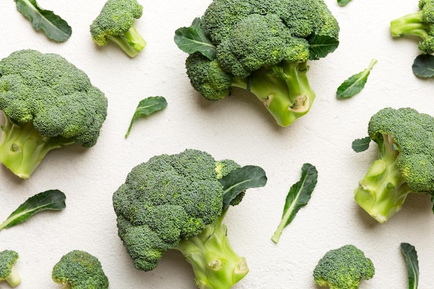 Green fresh broccoli background close up on colored table Vegetables for diet and healthy eating Organic food