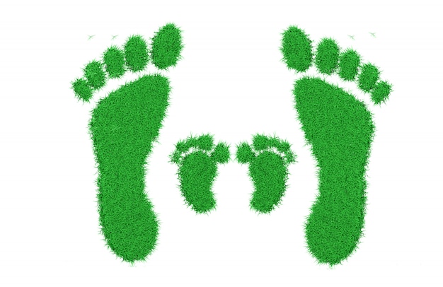 人間の足跡の形をした緑の新鮮な芝生