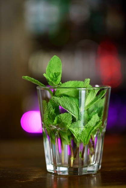 Green fresh organic mint in a glass cup with water.