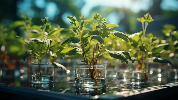 Green fresh plant in glass test tube in laboratory generative ai