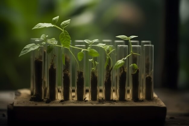 Foto pianta fresca verde in provetta di vetro in laboratorio rete neurale generata dall'intelligenza artificiale