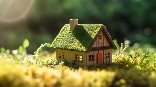 Green friendly concept Miniature wooden house in spring grass eco concept Generative AI