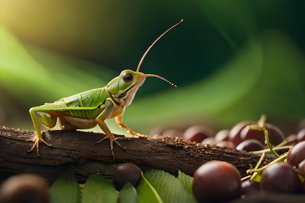 a green frog on a branch with a leaf in the background.