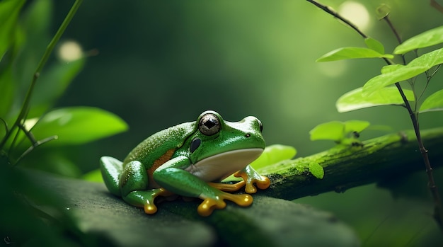 зеленая лягушка на зеленом листе