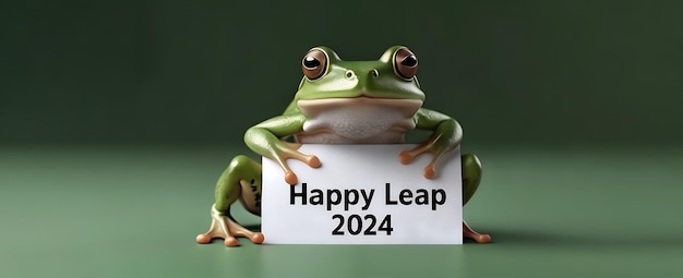 Зелёная лягушка с бумагой с текстом "Счастливого високосного дня 2024 года"