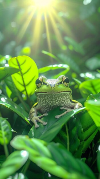 A green frog is sitting on a leaf in the rainforest