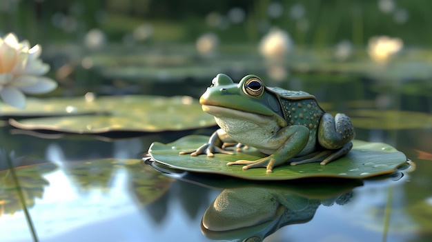 Photo a green frog is sitting on a lily pad in a pond the frog is looking at the camera the lily pad is surrounded by other lily pads and flowers