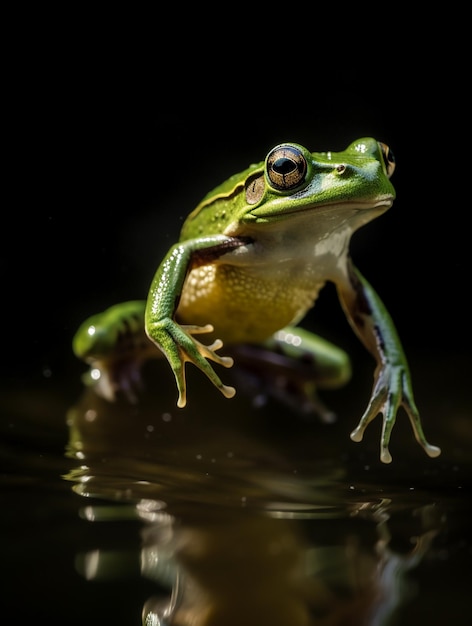 A green frog is sitting on a rock in the water.