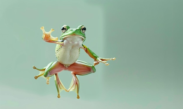 Фото Зеленая лягушка прыгает в воздух на светло-зеленом пастельном фоне