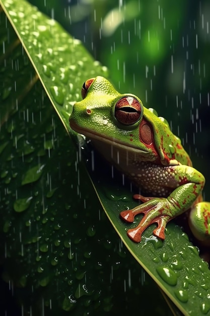 열대우림의 잎에 있는 녹색 개구리가 사진을 닫습니다.