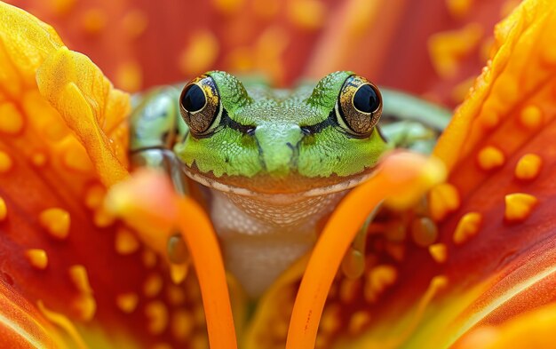 Foto green frog macro moment in de vurige tinten van oranje bloemblaadjes