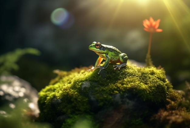 Green frog on a mossy rock with blurred background generative ai