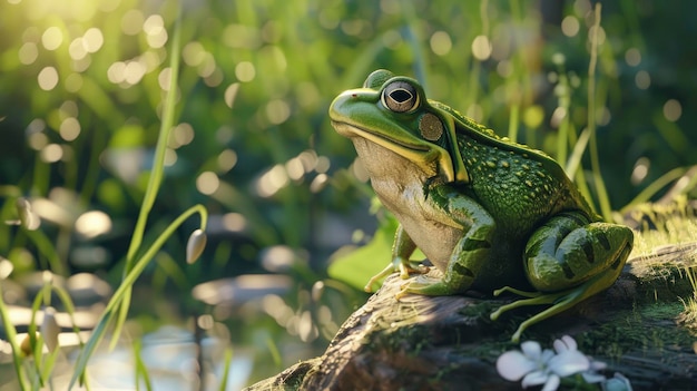 Зелёная лягушка в естественной среде обитания, плавно смешивающаяся с зеленым фоном природы