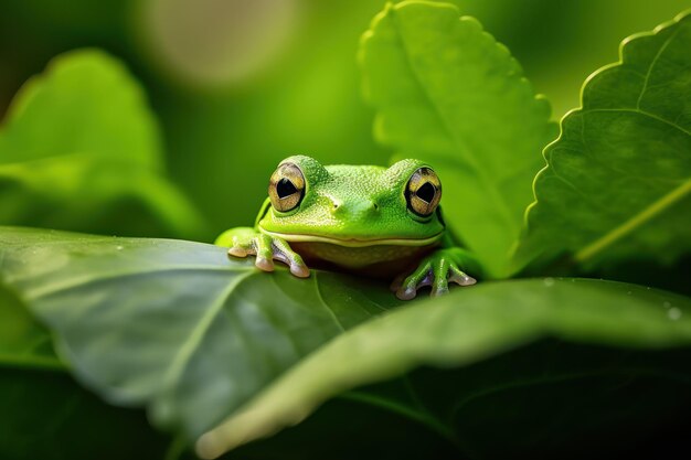 Foto la rana verde che sbircia dietro le foglie