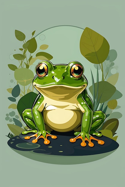 Photo green frog poster and merchandising flat design sticker vector no background